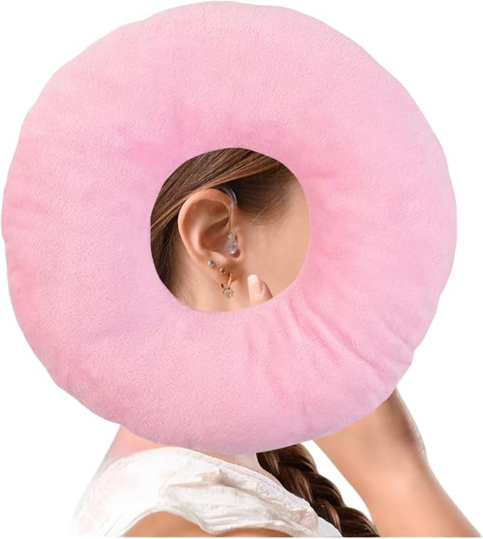 Donut Pillow, Ear Piercing Pillow for Side Sleepers, Face Down Pillow, Small Donut Pillow with Ear Hole, Ear Relief for Ear Pressure and Pain, Ideal for Headphones (Pink)