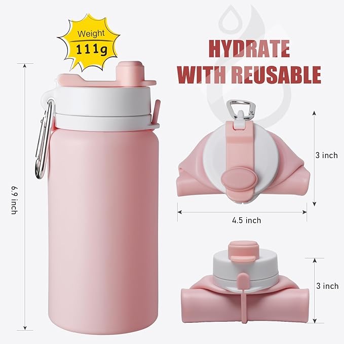 Opard Collapsible Water Bottles 19 Oz - BPA Free, Leak Proof, Foldable Silicone Collapse Bottle, Easy to Compact and Expandable, Travel Essentials Accessories
