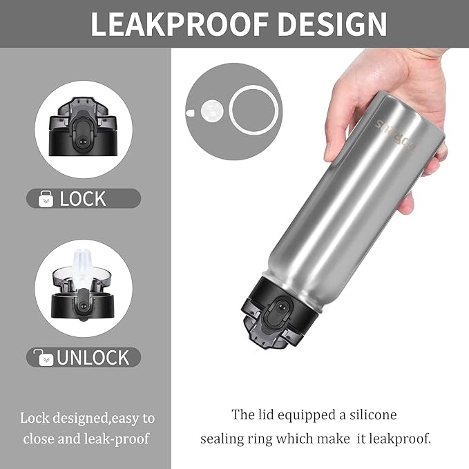 GOPPUS Kids Water Bottle with Straw 20oz Double Walled Metal Sports Insulated Stainless Steel Water Bottles Leak Proof with Strap Handle Stickers for Boys Girls School(Steel 1 Lid)