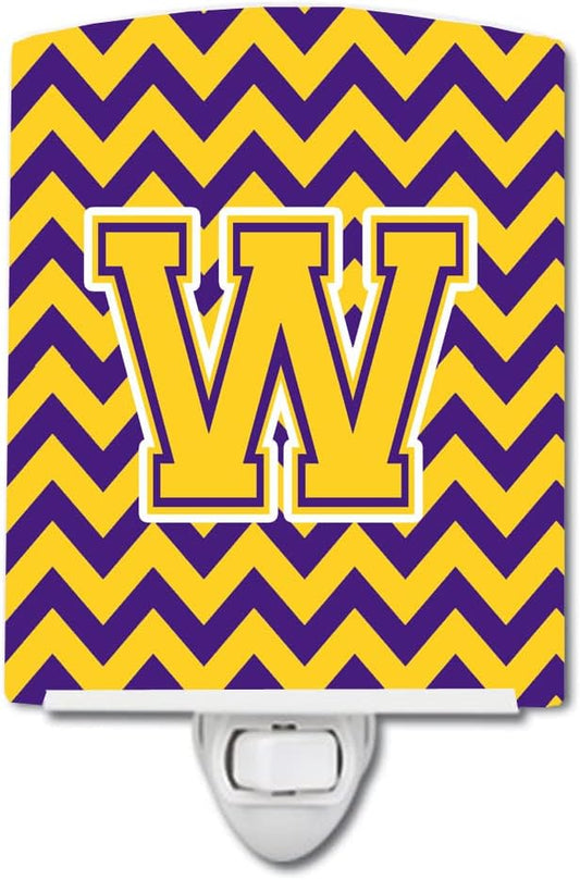 Caroline's Treasures CJ1041-WCNL Letter W Chevron Purple and Gold Ceramic Night Light Compact, UL-Certified, Ideal for Bedroom, Bathroom, Nursery, Hallway, Kitchen, 6x4x3, Multicolor