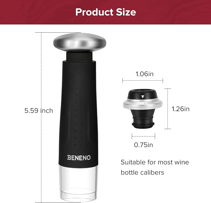 Beneno Wine Saver Vacuum Pump with 4 Wine Stoppers Keep Wine Fresh, Silicone Wine Bottle Stopper Wine Sealer Preserver, Ideal Wine Saver Accessories Gift