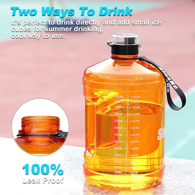 Gallon Big Water Bottle with Handle, 128oz Leakproof BPA Free Fitness Sports Water Bottle with Motivational Time Marker & Wide Mouth Ensure You Drink More Water