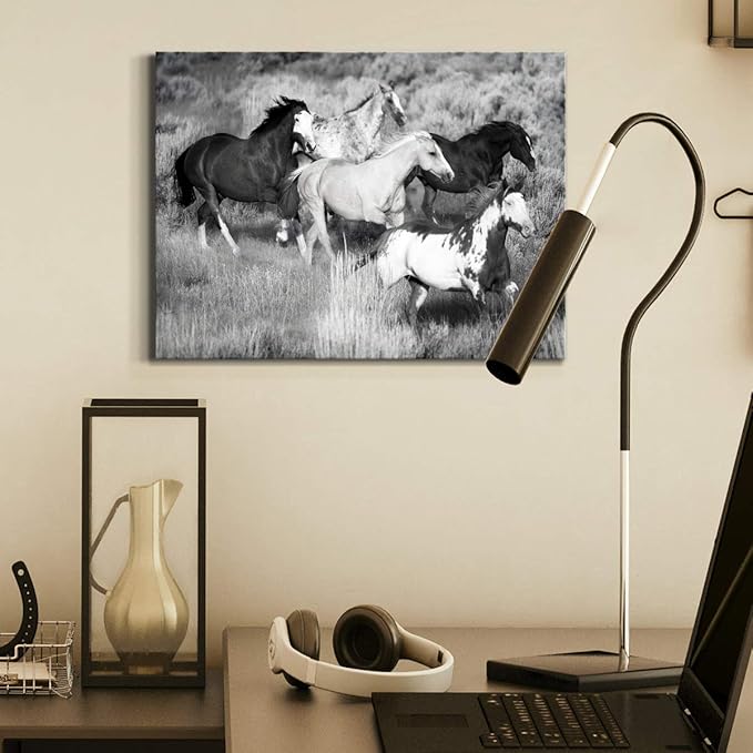 Renditions Gallery Canvas Animal Wall Art Modern Decorations Paintings Running Vintage Horses Black & White Nature Wall Hanging Artwork Prints for Bedroom Office Kitchen - 12"x18" LT33