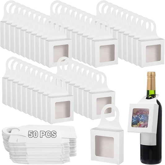 Tideme 50 PCS Wine Bottle Boxes, White Kraft Paper Wine Gift Boxes, Hanging Foldable Wine Bottle Box with Clear Window, Empty Wine Bottle Hanger Favor Box for Chocolates, Candies, Cookies