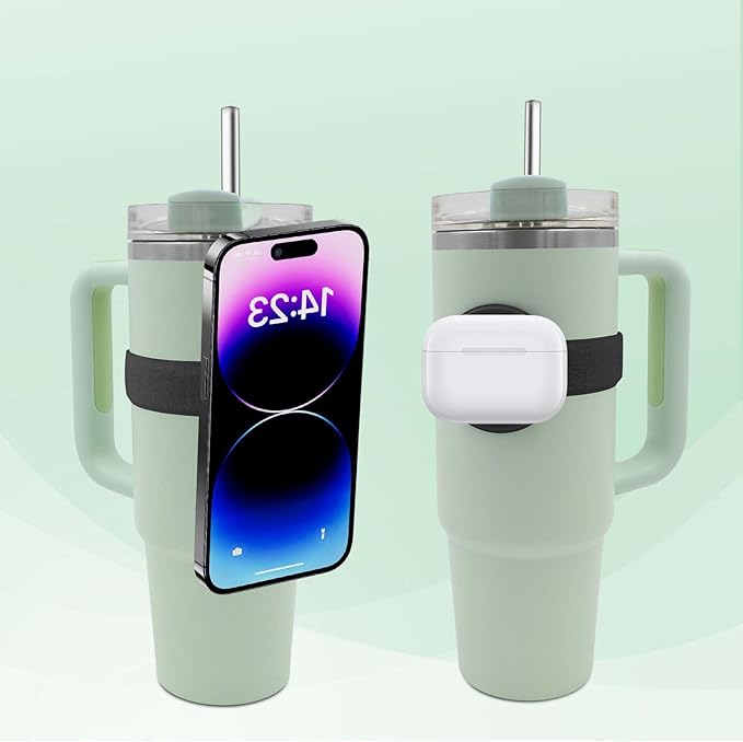Watter Bottle with Magsafe Phone Holder, Magnetic Holder Adjustable Strap Compatible with Stanley Tumbler Cup Owala 32oz for iPhone Android Devices 2x Metal Iron Ring (Black)