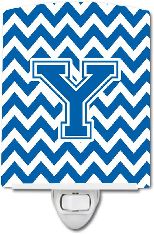 Caroline's Treasures CJ1056-YCNL Letter Y Chevron Blue and White Ceramic Night Light Compact, UL-Certified, Ideal for Bedroom, Bathroom, Nursery, Hallway, Kitchen, 6x4x3, Multicolor