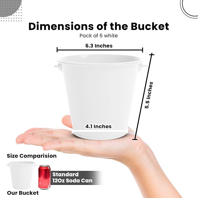 Small Metal Buckets with Handle 6 Pcs – Galvanized Bucket Leak Proof & Rust Resistant 48 fl oz Capacity - Best for Party Décor, Organizing & Decorating Classrooms (Large 6.3" Top, White)
