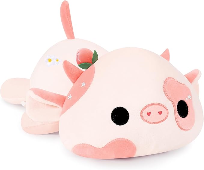 Onsoyours Cute Cow Plushie, Soft Stuffed Peach Cow Squishy Plush Animal Toy Flower Cow Pillow for Kids (Peach Cow, 12")