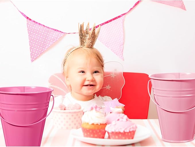 Sadnyy 12 Pack Metal Buckets with Handle, Galvanized Bucket 4.5 x 5 Inch Basket Bucket for Kids, Kids Party Supplies, Crafts for Christmas Halloween Christmas Candy Bars Vase Crafts(Pink)