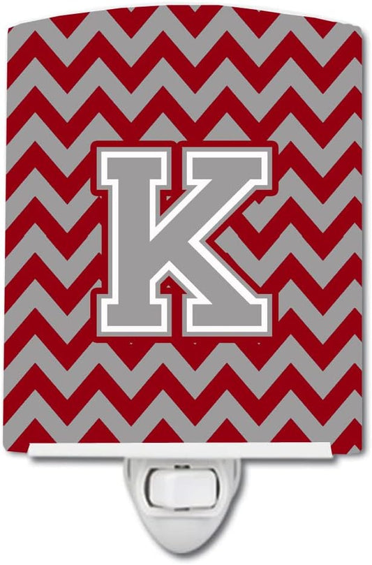 Caroline's Treasures CJ1043-KCNL Letter K Chevron Crimson and Grey Ceramic Night Light Compact, UL-Certified, Ideal for Bedroom, Bathroom, Nursery, Hallway, Kitchen, 6x4x3, Multicolor