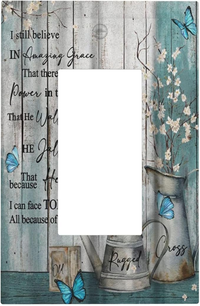 Vintage Teal Butterfly Inspirational Quotes Wood Plank 1 Gang Rocker Light Switch Covers Single Decora Outlet Wall Plate Decorative Switchplate Faceplate GFCI for Farmhouse Country Bedroom Decor