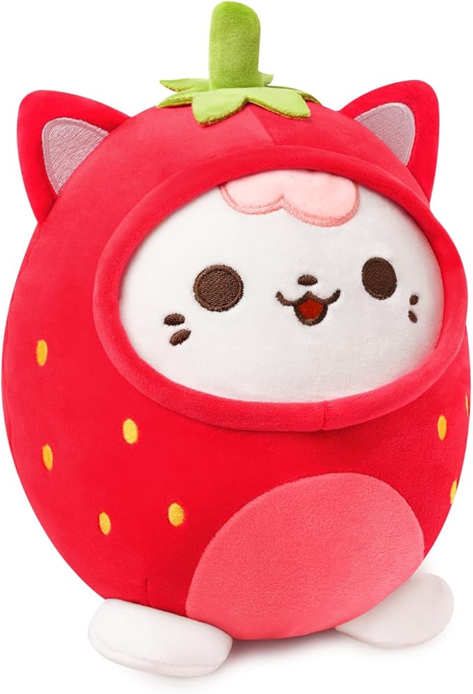 PEACH CAT Strawberry Cat Plush Pillow Cute Strawberry Kitten Stuffed Animal Cat plushie with Strawberry Outerwear for Kids Red 8"