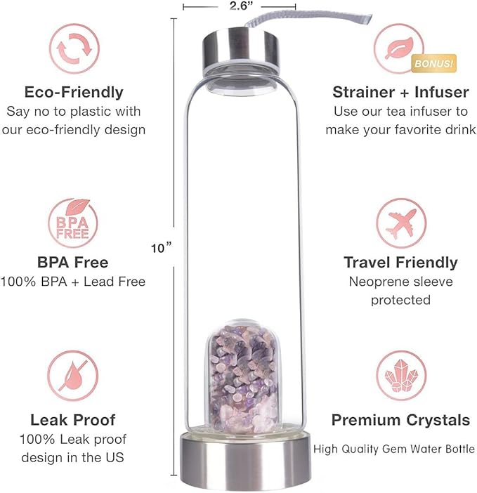 Crystal Glass Water Bottle, Glass Water Bottle with Changeable Natural Crystal Center, Quartz Gemstone Water Bottle for Natural