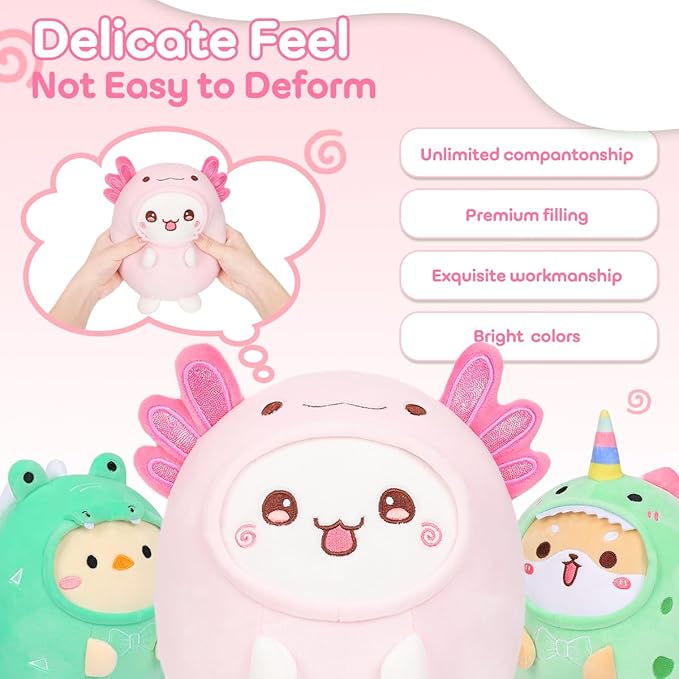 Cute Plush Axolotl Cat Stuffed Animal Pillow, 8" Soft Kawaii Kitten Plushie with Pink Axolotl Salamander Outfit Gift for Kids