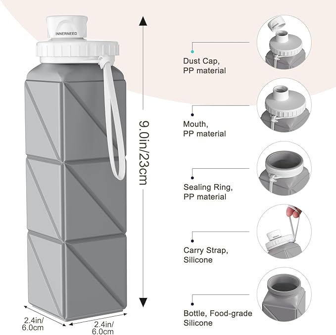 INNERNEED Collapsible Water Bottle, Reuseable BPA Free Silicone Foldable Water Bottles for Travel Gym Camping Hiking, 20.6 fl.oz, Portable, Food-Grade, Leak Proof (1 Pack, Gray)