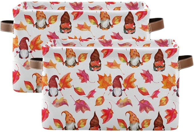 Fall Gnomes Storage Basket Fabric Kitchen Baskets Autumn Maple Leaves Open Home Storage Bins Boxes Foldable Organizer Bag for Baby Cloth Pet Toy Book Shelf Closet Baskets 16×12×8 Inches