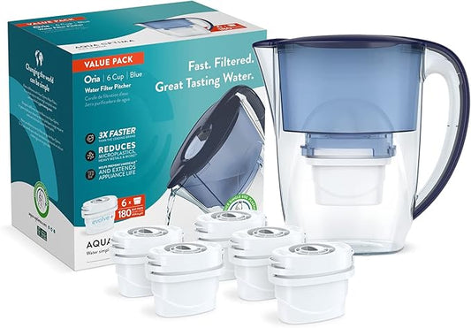 Aqua Optima 6-Cup Water Filter Pitcher Bundle Pack for Tap and Drinking Water with 6 Evolve+ Filter, Reduces Microplastics, Improves Taste, BPA Free, WQA Certified, Oria Design (Blue)