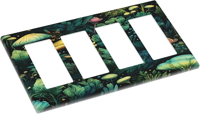 Green Dark Forest Mystical Mushroom 4 Gang Rocker Decora Light Switch Cover Outlet Covers Wall Plate Decorative Switchplate Electrical Faceplate GFCI for Country Bathroom Bedroom Kitchen Decor