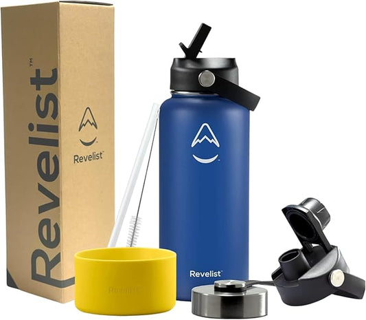 Revelist Sports Water Bottle - 32 Oz, 3 Lids (Straw Lid, Spout & Screw Top) with Boot, Vacuum Insulated Stainless Steel, Double Walled, Reusable Water Flask, Metal Canteen - Blue & Yellow
