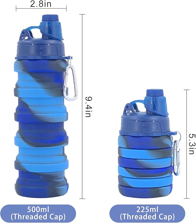 Collapsible Water Bottles Two Pack Travel Sports Portable Sport Water Bottle comes with mountaineering Buckle 500ml silicone Water-proof camping water bottle (Blue camouflage+Pink camouflage)