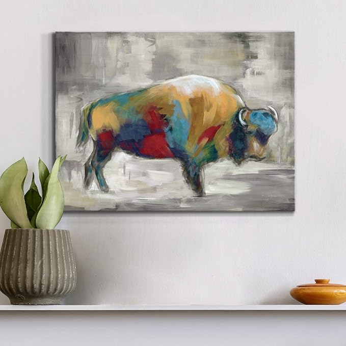 Renditions Gallery Canvas Animal Wall Art Home Paintings & Prints Colorful Bison Brushstroke Abstract Black & White Modern Artwork Decorations for Bedroom Office Kitchen - 8"x12" LT33