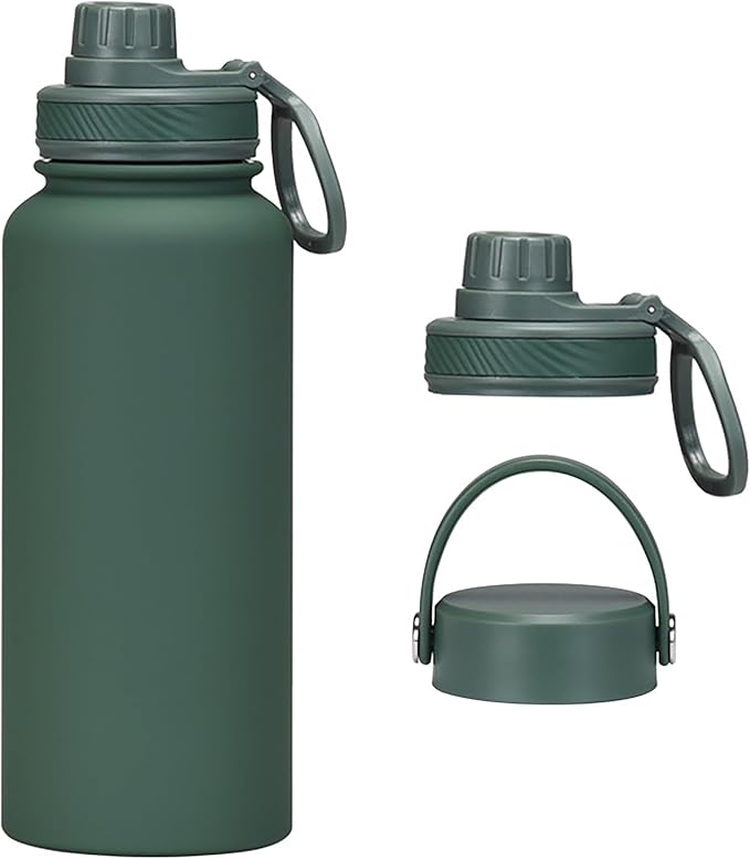Dark Green 32 OZ Insulated Water Bottle, Forest Green Large Metal Insulated Stainless Steel Water Flask, Big Sports Travel Water Bottle with 2 Lids, Insulated Thermos Thermal Mug Cup