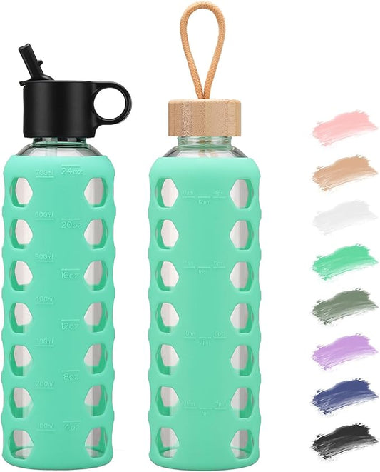 MUKOKO Glass Water Bottles, 24oz Glass Tumbler, Drinking Bottles with 2 Lids-Handle Flip Straw Lid&Bamboo Lid, Motivational Water Bottle with Time Marker and Silicone Sleeve, Leakproof-1 Pack-Green