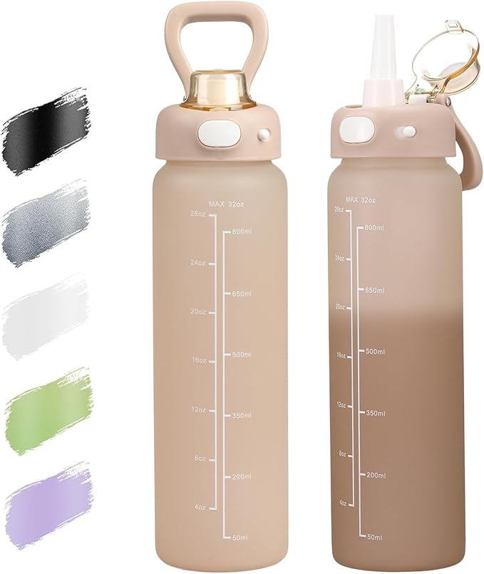 SIEROZUR 32 oz Glass Water Bottle with Straw and Handle Large Sports Motivational Water Bottle with Locking Lid and Time Marker Leakproof Water Jug for Daily Hydration Intake BPA Free