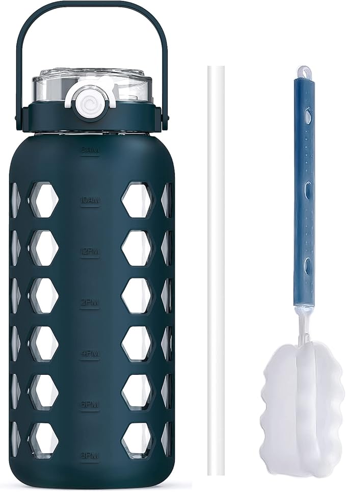 MUKOKO Half Gallon/64 oz Glass Water Bottles with Straw and Lid,Motivational Water Jug with Time Marker Reminder and Silicone Sleeve,100% Leakproof BPA Free Fitness Sports Large Bottle-Blue