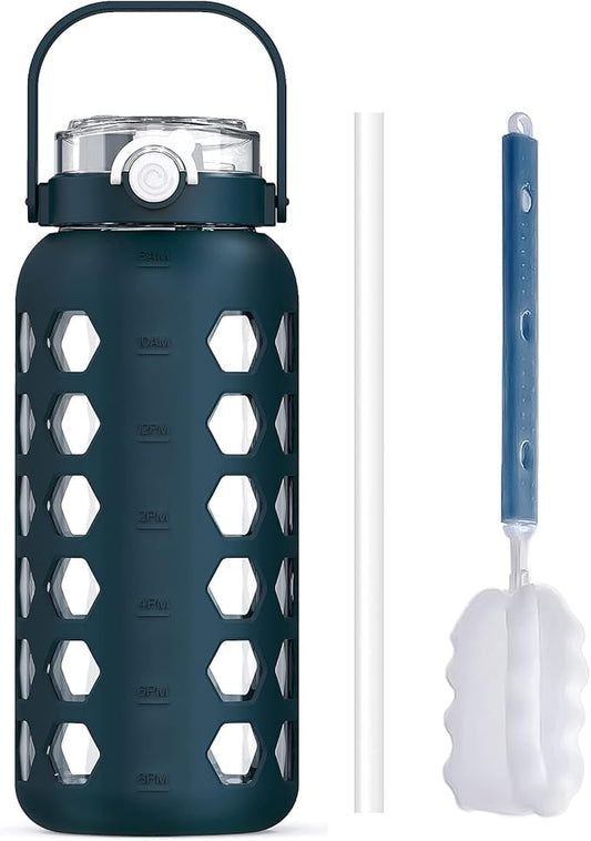 MUKOKO Half Gallon/64 oz Glass Water Bottles with Straw and Lid,Motivational Water Jug with Time Marker Reminder and Silicone Sleeve,100% Leakproof BPA Free Fitness Sports Large Bottle-Blue