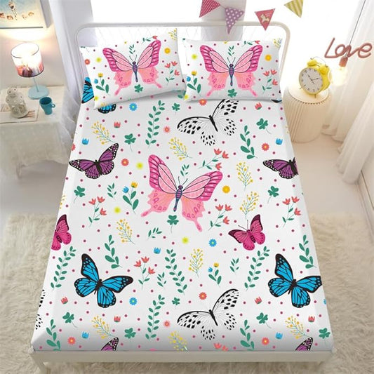 Butterfly Fitted Sheet Set for Kids Girls Teens Colorful Flowers Leaves Bed Sheet Queen Size 3D Print Dreaming Style Sheet Set 3 Piece