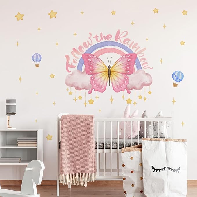 Gorgeous Pink Butterflies Wall Stickers, Art Butterfly Wall DecalsHot Air Balloon Stars Removable Vinyl Peel and Stick for Living Room Bedroom Children's Room Nursery Playroom Decorations