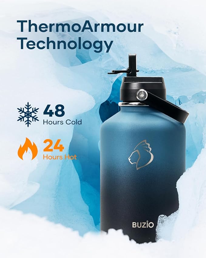 BUZIO 64 oz Insulated Water Bottle, Half Gallon Stainless Steel Water Jug with Straw Lid & Carrying Case, Keep Cold 48h Large Lead-Free Vacuum Metal Thermo Water Flask for sports Camp, Indigo Crush