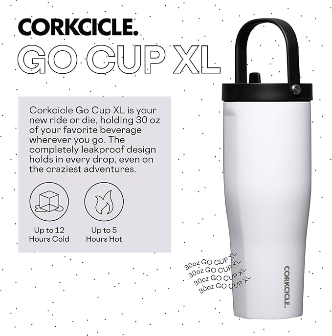 Corkcicle Go Cup XL Insulated Tumbler with Lid and Straw, Gloss White, 30 oz – Reusable Water Bottle Keeps Beverages Cold for 12hrs – Cupholder Friendly Tumbler, Leak-Proof Design