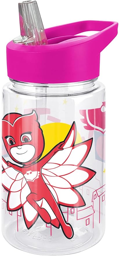 LOGOVISION PJ Masks Kids Tritan Plastic Water Bottle with Straw Lid and Handle, Reusable Tumbler for Toddlers, Unisex for Girls and Boys, 12oz, Big Owlette