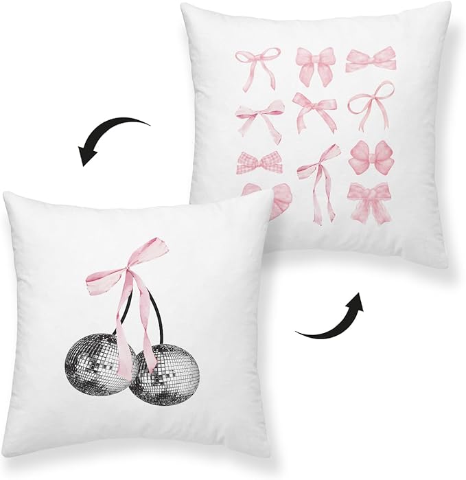 Coquette Preppy Pillows Covers,Preppy Bedding 18x18, y2k Preppy Throw Pillow Covers for Dorm Girls Bedroom, Trendy Aesthetic Cute Bow Cherry Disco Ball Throw Pillow Cases