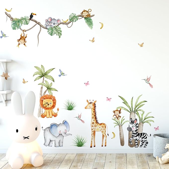 Jungle Animals Wall Decals Elephant Lion Monkey, Removable Kids Toddler Safari Wall Stickers Peel and Stick Wall Art Decor Wallpaper for Classroom Bedroom Nursery Playroom