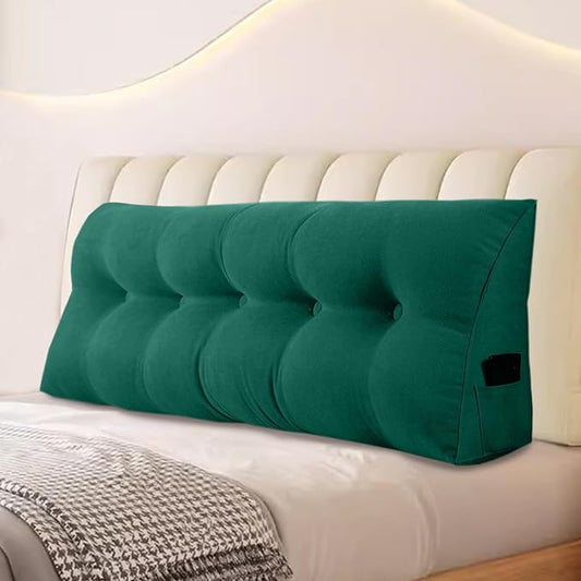 Large Triangular Headboard Pillows Long Backrest Positioning Support Bolster Cushion for Daybed Fluffy Quality Plush Body Wedge Pillow with Removable Cover(Dark green-24x8x20in)