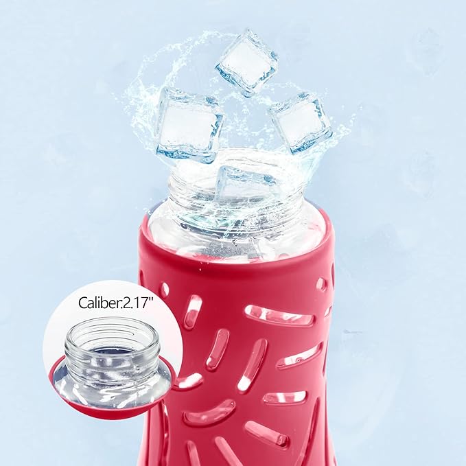 25oz Glass Water Bottles with Silicone Sleeve, 3 Different Lids (BPA Free) for Wide Mouth Glass Drink Bottles for Fitness and Outdoor (Red)
