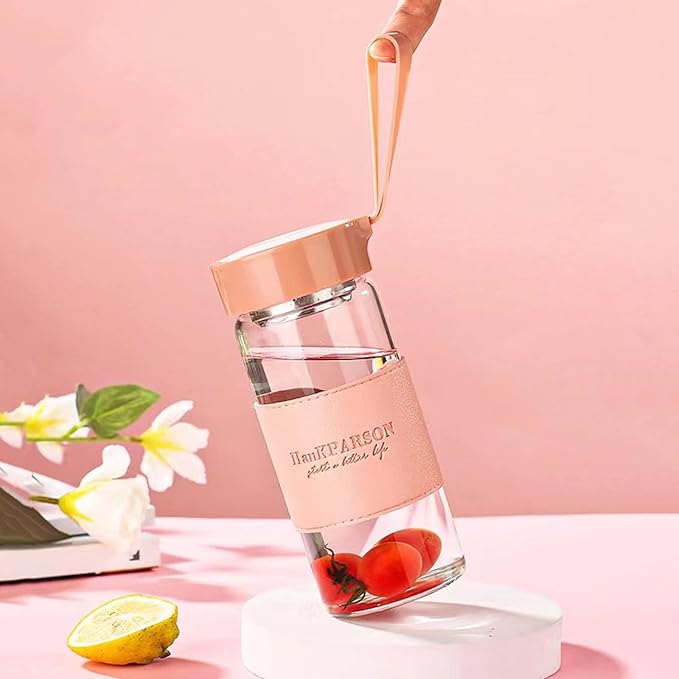 Glass Water Bottles 16 Oz Borosilicate water bottle-with sealing cap and Holsters and filters - BPA free,Men and Women Portable Glass Bottle (Pink)