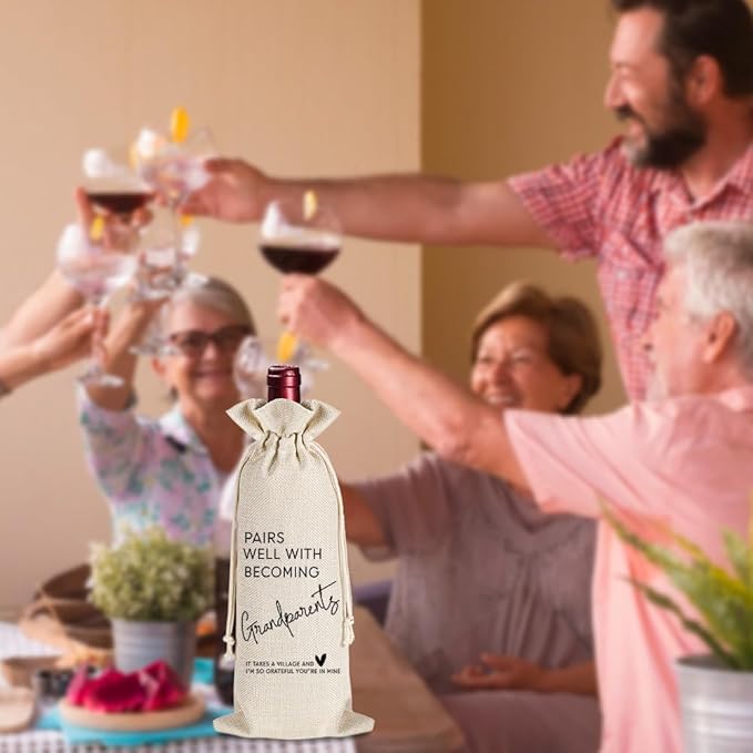 YAANUNULU Grandparents Gifts, Pregnancy Announcement Wine Bag, Pairs Well with Becoming Grandparents Wine Bag, Grandmother Grandfather Gifts, Party Decorations