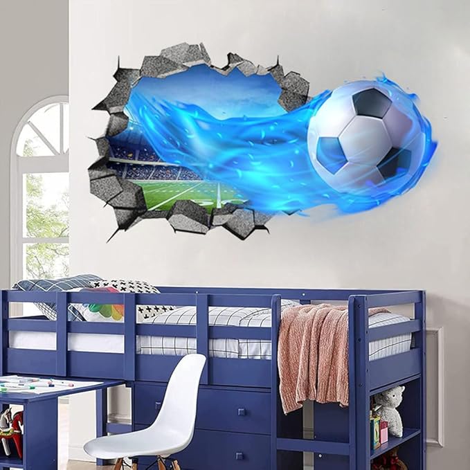 3D Soccer Wall Stickers Removable Soccer Wall Decals for Boys Break Through The Wall Vinyl Football Soccer Wall Stickers Murals Vinyls Decals for Teenager Room Playroom Decor (T0168)