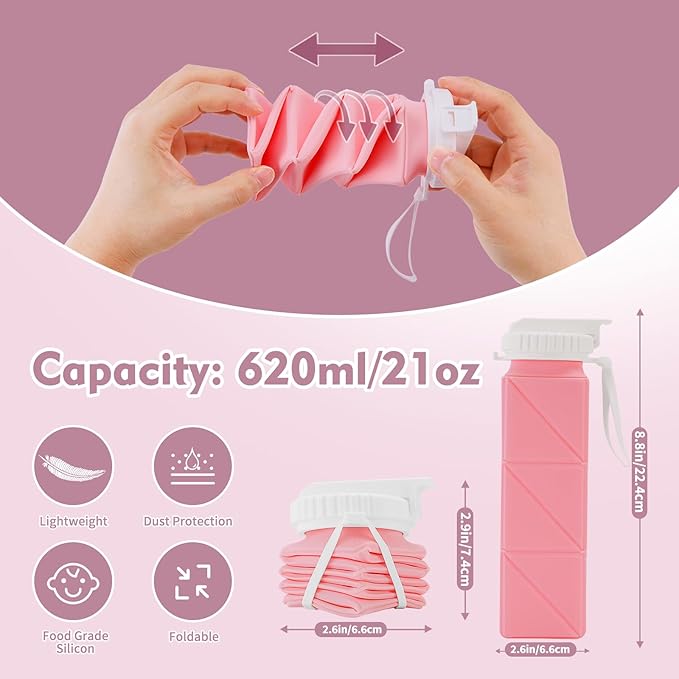 Collapsible Water Bottles 610ml | BPA Free Leakproof Lightweight Foldable Silicon Water Bottles | Twistable Water Cup | for Travel Gym Hiking Outdoor Camping Running Cycling Sports (Pink)