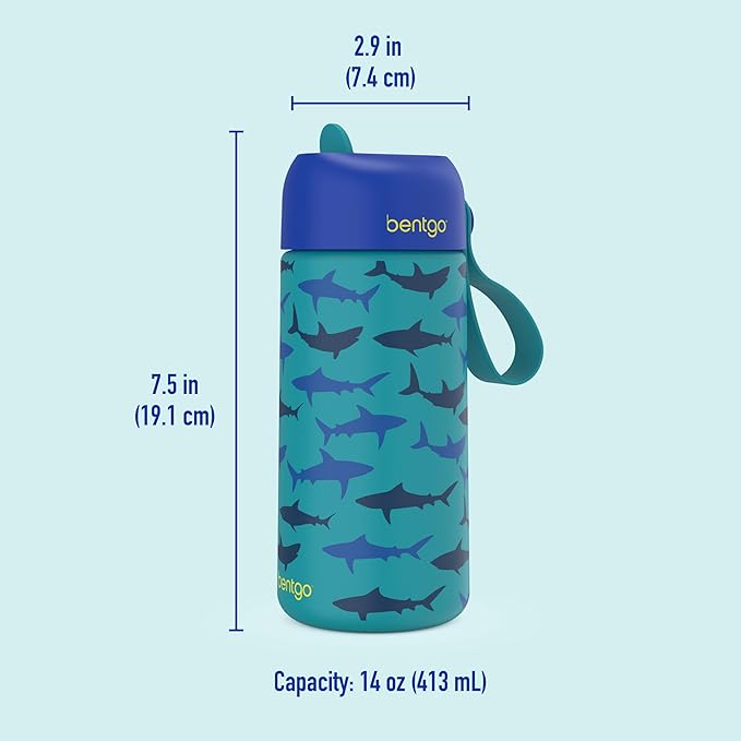 Bentgo® Kids Stainless Steel Insulated Water Bottle - Leak-Proof; Keeps Cool for 12 Hours; Durable, BPA-Free, Dishwasher Safe 14 oz. Cup for Ages 3+ for School/Sports/Daycare (Sharks)