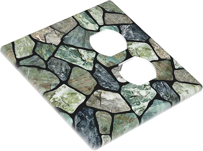 Green Stone Texture Combo Single Blank 1 Duplex Outlet Switch Wall Plate Cover Decorative 2-Gang for Electrical Room Bathroom Bedroom Home Kitchen One Receptacle 4.5" x 4.6"