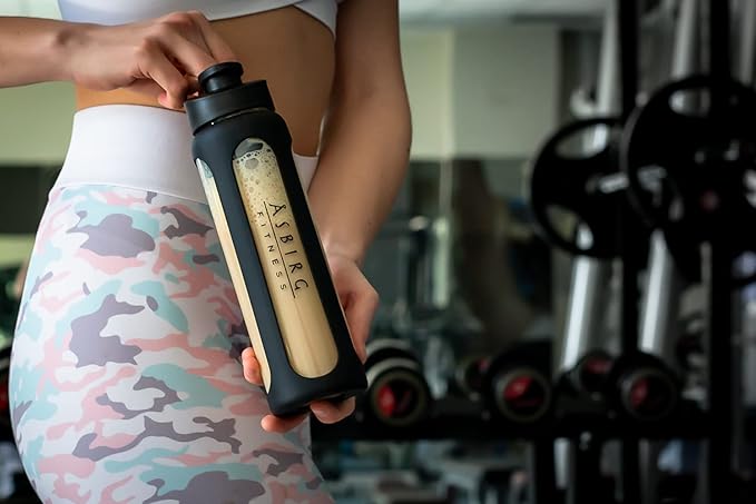 Fitness Glass Protein Shaker 1 Litre Protein Shaker Drinking Bottle with Spiral Ball Black 1000 ml