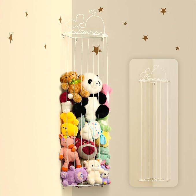 Stuffed Animal Storage,Stuffed Animal Holder with Adjustable Length,Corner Shelf for Kids Room Decor,Soft Toy Storage Organizer for Living Room,Bedroom,Nursery,Playroom,Kids Room(Ivory White)
