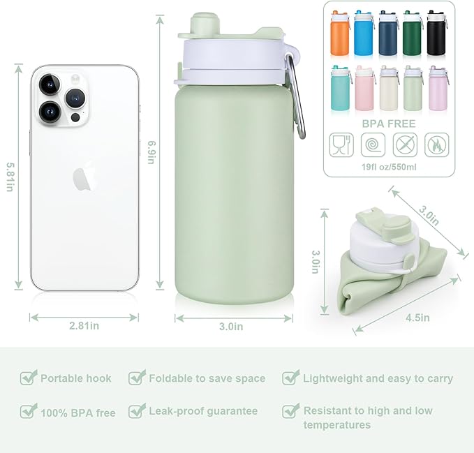Collapsible Water Bottle, Foldable Water Bottle BPA Free Reusable Lightweight Leak-Proof Travel Silicone Water Bottle for Travel, Gym, Hiking, Office, Camping