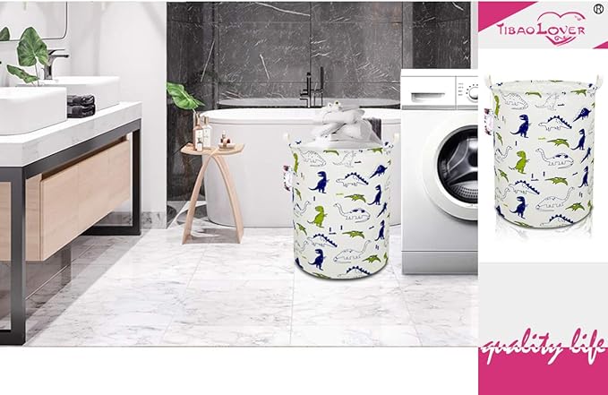 Dinosaur Laundry Basket Baby Laundry Hamper Cute Kids Hamper Toy Storage Bin Handles for Boys and Girls Dinosaur Room Decor (Polychrome Dinosaurs)