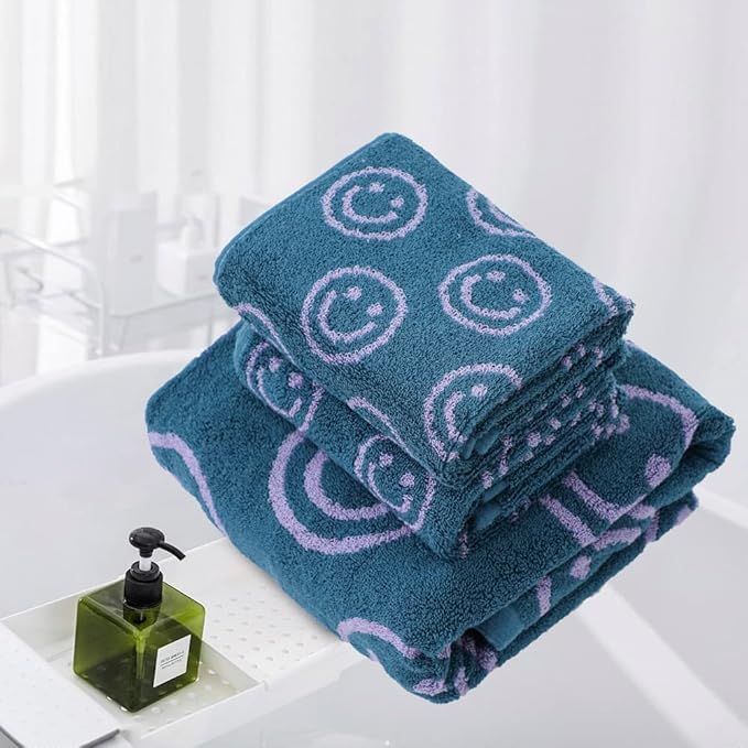 Luxury Cute Smiling Face Purple Green Bath Towel Sets for Bathroom, 1 Bath Towels 2 Hand Towels Washcloths 100% Cotton Ultra Soft Highly Absorbent for Women Kids Girl Boy Face Body